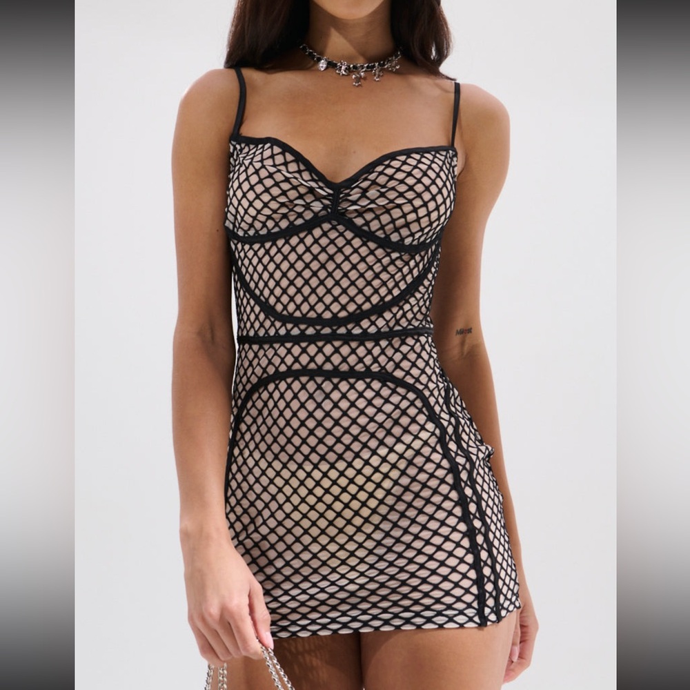 Beige Tan Nude Black Sheer Fishnet Mesh Star Of The Show Sultry Mini Dress M, L